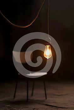 Quiet Solitude And Silent Waiting Beneath A Hanging Light Bulb And Empty Chair