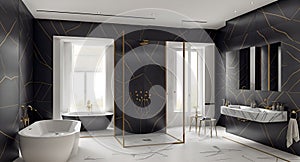 Ai generated a minimalist black and white bathroom with elegantly designed tub and sink