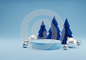 AI generated. Minimalist Blue Christmas Display with Podium and Silver Ornaments