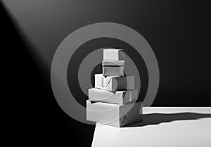 AI generated. Stack of Gray Gift Boxes on White Surface with Shadow