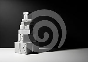 AI generated. Stack of White Gift Boxes on Dark Background