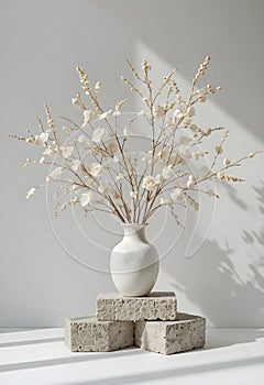 Minimal Spring Branches In White Vase With Soft Natural Light Shadows