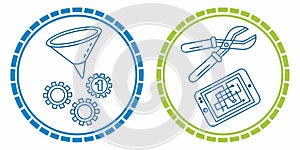 AI-generated model compression icons funnel pruning scissors quantization blocks mobile vector
