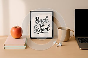 Back To School Workspace With Books Apple Coffee And Laptop