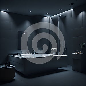 Ai generated a modern bathroom with a sleek tub, elegant sink and large mirror