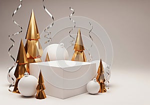 AI generated. Modern Christmas Product Display with Golden Trees and White Ornaments