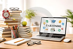 Modern Home Workspace With Laptop Showing E Learning And Study Materials