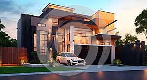 Ai generated a modern house with a sleek white car parked in front