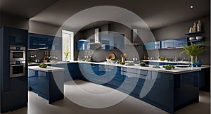 Ai generated a modern kitchen with blue cabinets and white countertops