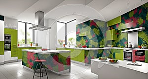 Ai generated a modern kitchen with vibrant green and red accents and a stylish bar stool