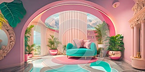 Ai generated a modern living room with a blue couch and pink walls
