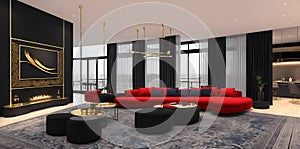 Ai generated a modern living room with a bold red couch and sleek black chairs