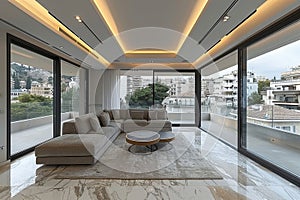 Modern living room with floor to ceiling windows, minimalist furniture, and city skyline view creating a sleek and airy space photo