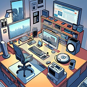 AI Generated Modern Tech Workspace with Multi-Screen Setup and City View