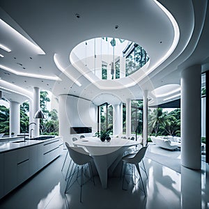 Ai generated a modern white dining room with a spacious table and elegant chairs