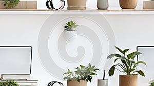 AI generated, Modern workspace with a white background, featuring minimalistic decor.