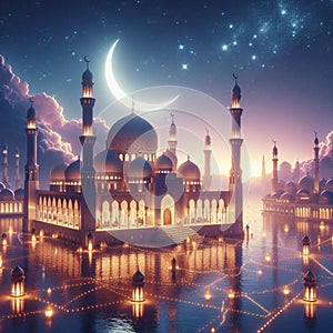 AI generated mosque and crescent moon