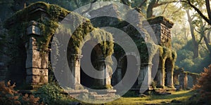 Mossy ancient ruins left deep in the forest for a long time.