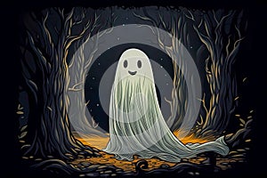 AI generated a night illustration of a friendly ghost surrounded by trees.