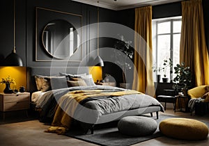 AI-Generated Nordic Elegance: A Black and Yellow Scandinavian Bedroom Retreat