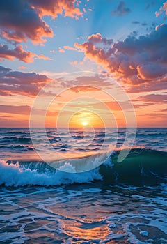 Powerful Ocean Wave At Sunset With Warm Sky And Reflections