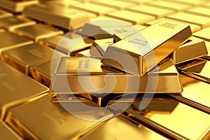 Ai generated ofGold bars Gold ingot, bullion gold, bank vault, stacked image. close up many pure gold bar ingot put on the black