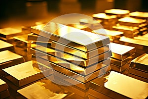 Ai generated ofGold bars Gold ingot, bullion gold, bank vault, stacked image. close up many pure gold bar ingot put on the black