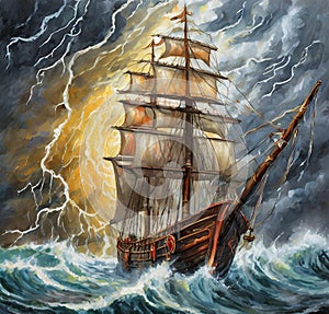 AI generated oil painting of a medieval era ship in the midst of a thunderstorm in sea