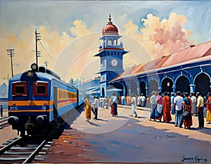 AI generated oil painting of a railway station with passengers in the platform