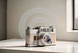 an old camera sitting on a table in front of a window