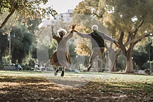 AI generated of old couple jumping in the park