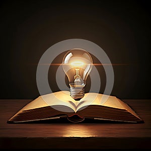AI Generated: Open Book on Wooden Surface with Lit Lightbulb Above