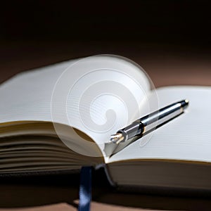 AI Generated: Open Notebook with Lined Pages and Silver Pen photo