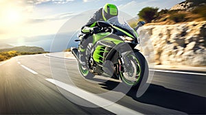 AI Generated Open Road Adventure Woman on a Sleek Light Green and Black Road Bike Turning Sharply photo