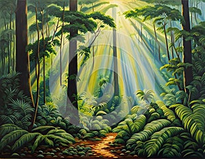 AI generated painting of sun rays cracking through the dense forest and lighting up the trails below