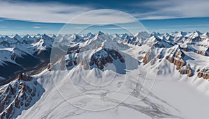 AI generated panoramic image of snow clad mountain range with blue skies at the horizon photo