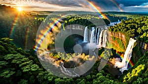 AI generated panoramic view of waterfalls in the middle of a dense forest alongwith a rainbow passing through it