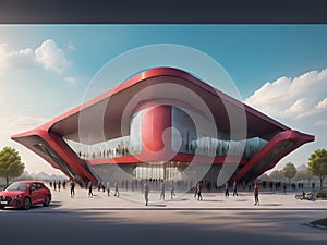 Ai generated a parked red car in front of a modern building