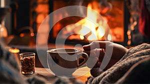 AI Generated Peacefulness of a Cup of Tea A Cozy Fireplace photo