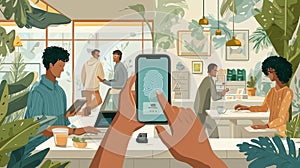 people using smartphone fingerprint login in modern cafe interior