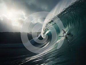 AI generated person riding surfboard on large wave in sea