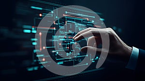 AI-generated Hand Interacting With Futuristic Digital Network Interface