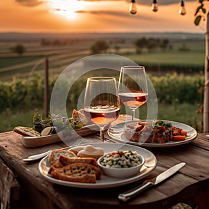 Dinner with view over fields in sunset