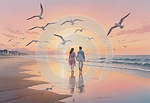 a photo of two people walking on the beach at sunset surrounded by seaguls in the sky photo