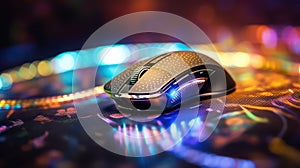 AI generated picture of a computer mouse with a colorful twinkle abstract light bokeh blurred background.