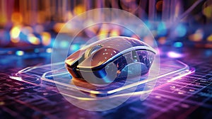 AI generated picture of a computer mouse with a colorful twinkle abstract light bokeh blurred background.