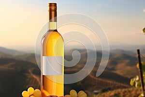 AI generated picture of a wine bottle on a sunny valley background