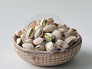 Pistachios roasted in shells piled in a wooden bowl.