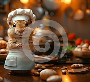 AI generated a portrait of a gerbil with a chef\'s hat and apron on a kitchen table