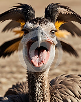 An AI generated portrait of an ostrich opening her beaks